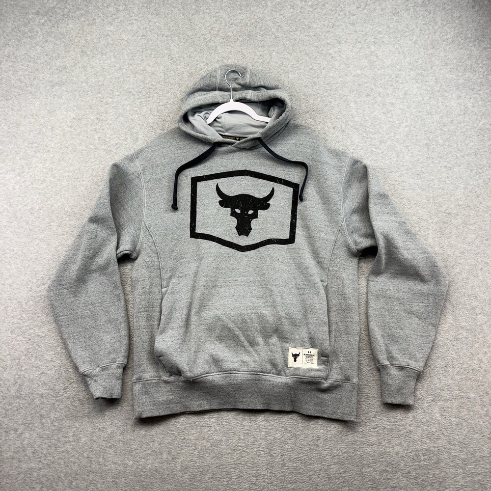 Under Armour Project Rock Bull Brahma Hoodie Mens Medium Light Gray Heavy Cotton
